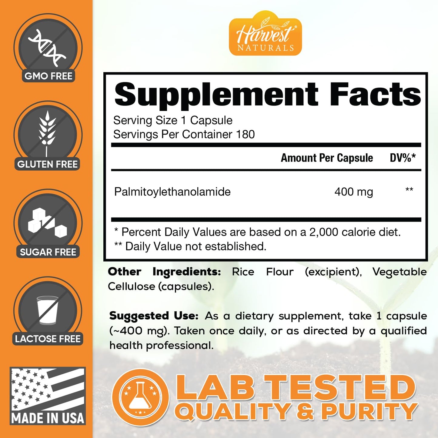 HARVEST NATURALS Palmitoylethanolamide (PEA) Capsules 400mg | 180 Count | Inflammation & Discomfort Support | Lab Tested Ingredients