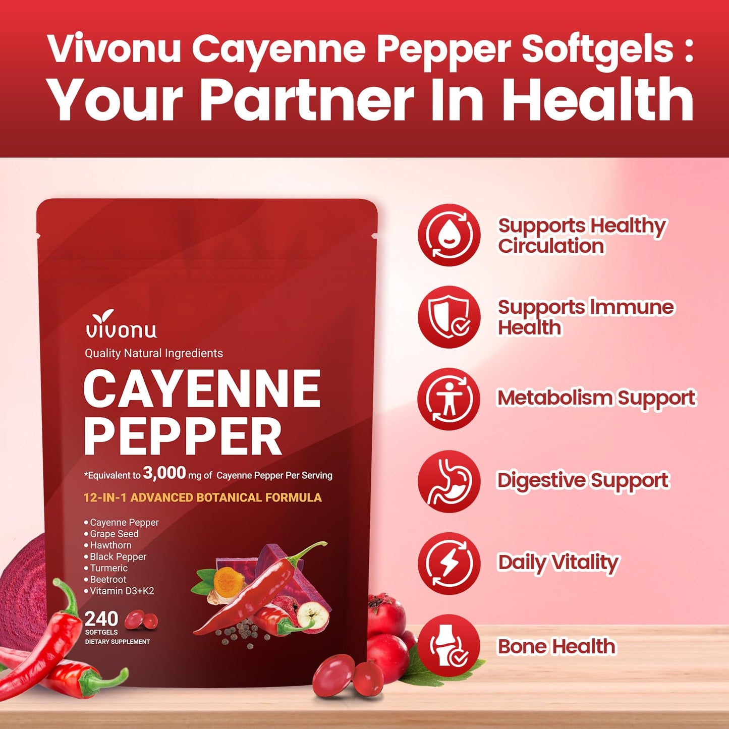 Cayenne Pepper Softgels Supplement, Supports Leg Vein, Heart and Blood Vessel Health, with Vitamin E D3+K2 and Extracts of Grape Seed, Hawthorn, Beetroot, Berberine and Others (240 Softgels / 1 Pack)