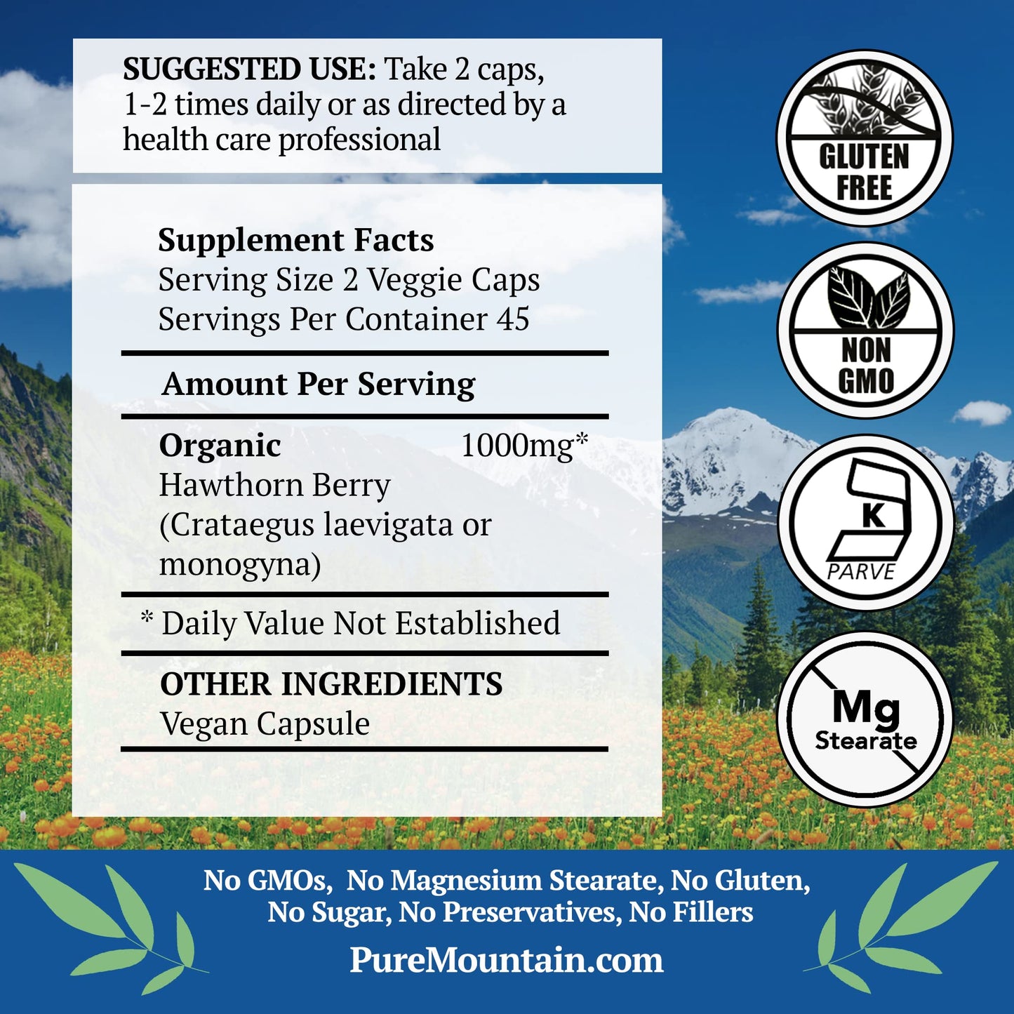 Pure Mountain Botanicals Hawthorn Berry Capsules – Kosher Vegan 1000mg Organic Hawthorn Berry Supplement