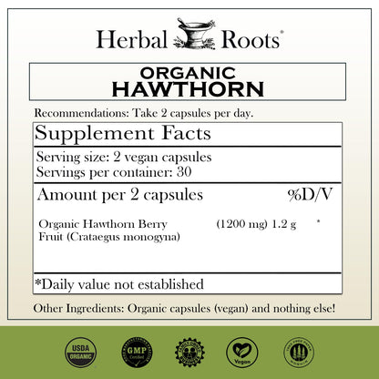 Herbal Roots Organic Hawthorn Berry Capsules – Extra Strength 1,200mg per Serving | 60 Vegan Capsules