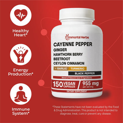 Immortal Herbs Cayenne Pepper Capsules with Garlic, Ginger & Turmeric – 150 Caps, Non-GMO & Gluten Free