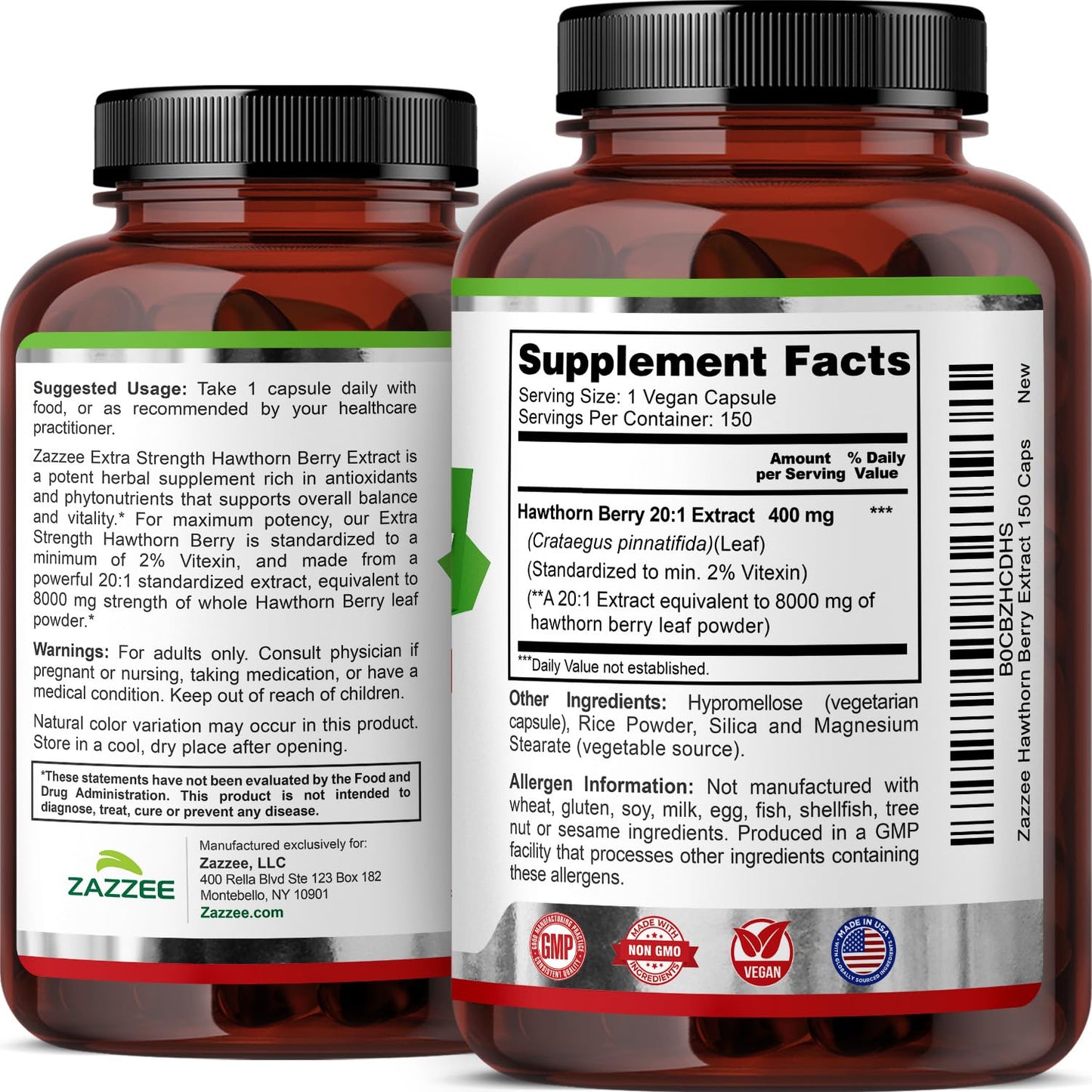 Zazzee Hawthorn Berry Extract 8000 mg (20:1) 150 Vegan Capsules