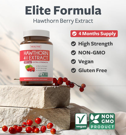 Super Potent Hawthorn Berry Extract Capsules – 4 Month Supply, Heart & Digestive Health (Vegan, Non-GMO, Gluten Free)