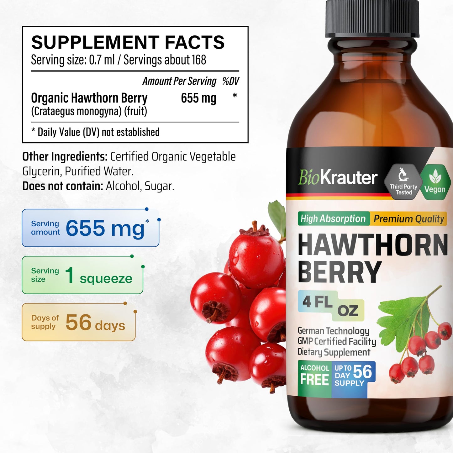 BIO KRAUTER Hawthorn Berry Liquid Drops - Vegan, Alcohol-Free, 655 mg per Serving