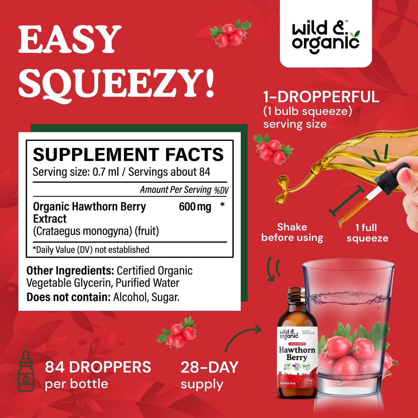 Wild & Organic Hawthorn Berry Extract Drops 600 mg | Vegan, Alcohol-Free | 2 oz