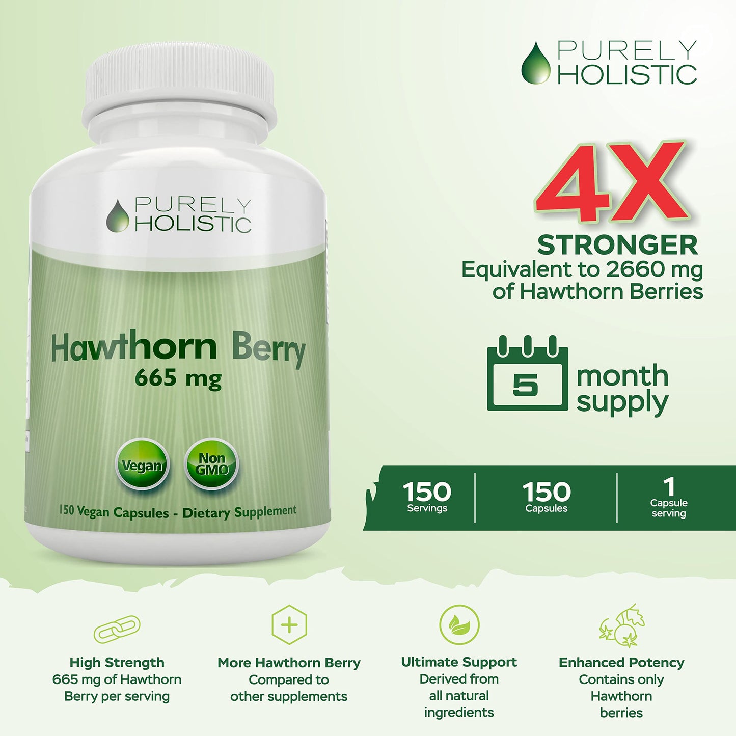 Purely Holistic Hawthorn Berry - 150 Vegan Capsules | 5 Month Supply | High Strength 4:1 Extract | Non-GMO