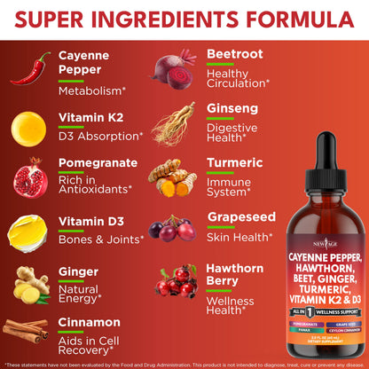 Cayenne Pepper Liquid Drops with Hawthorn Berry, D3 K2 - 4oz