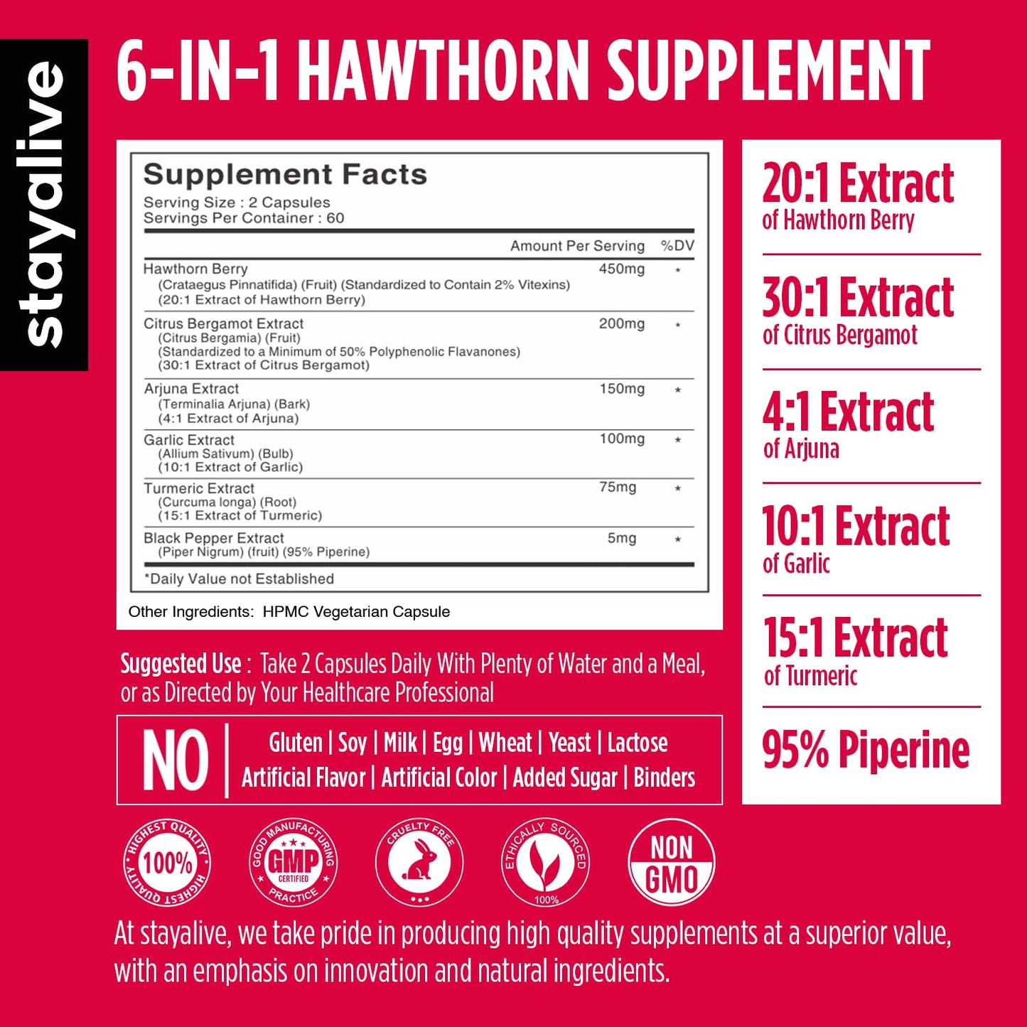STAY ALIVE Hawthorn Berry Capsules 20:1 Extract – 6-in-1 Antioxidant, 120 Vegan Pills