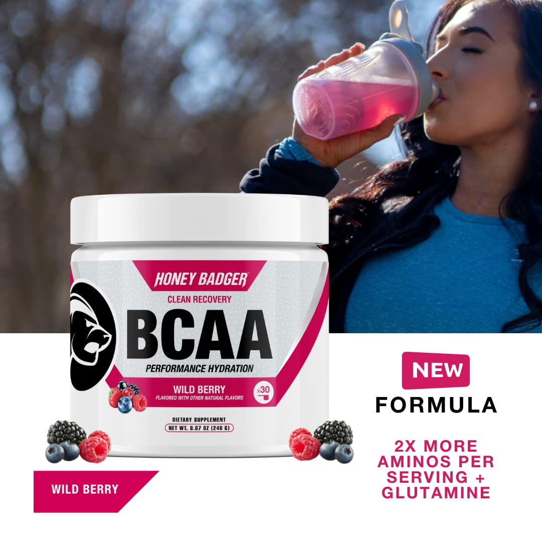 Honey Badger BCAA + EAA Powder – Vegan, Sugar Free, 30 Servings