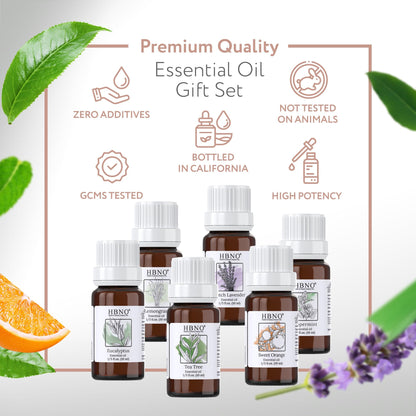 HBNO Essential Oils Set (10ml) - Top 6 Oils for Aromatherapy, DIY Skincare & More | Lavender, Eucalyptus, Tea Tree, Peppermint, Orange, Lemongrass