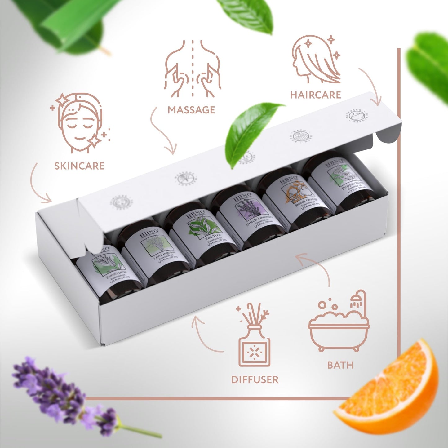 HBNO Essential Oils Set (10ml) - Top 6 Oils for Aromatherapy, DIY Skincare & More | Lavender, Eucalyptus, Tea Tree, Peppermint, Orange, Lemongrass