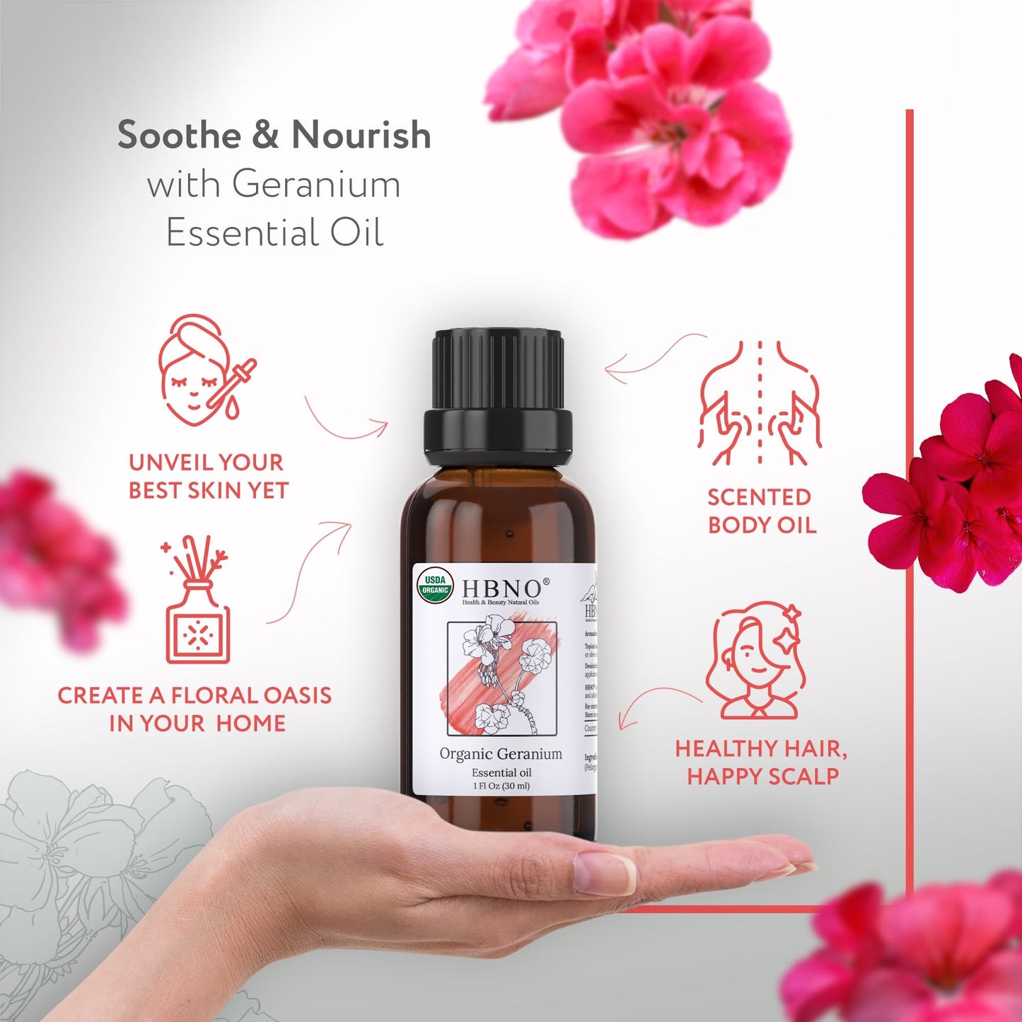 HBNO Organic Geranium Essential Oil - 1 oz (30 ml) | USDA Certified Organic