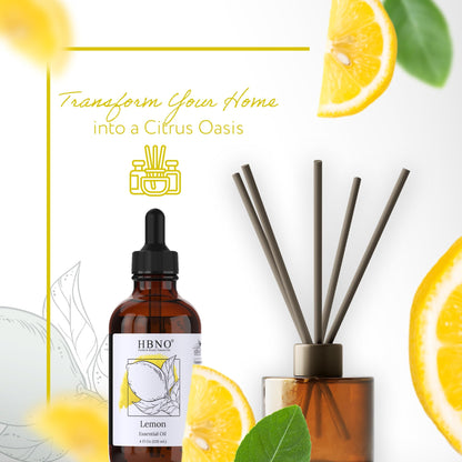 HBNO California Bottled Lemon Essential Oil 4 oz (120 ml) - Premium Grade, Cold-Pressed, Ideal for Cleaning
