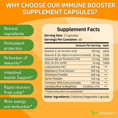 HealBlend 10 in 1 Immune Support Supplement Booster – Elderberry, Zinc, Echinacea, Turmeric, Probiotics | Adults 120 Capsules