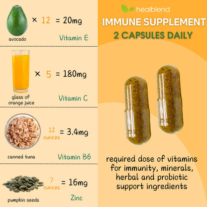 HealBlend 10 in 1 Immune Support Supplement Booster – Elderberry, Zinc, Echinacea, Turmeric, Probiotics | Adults 120 Capsules