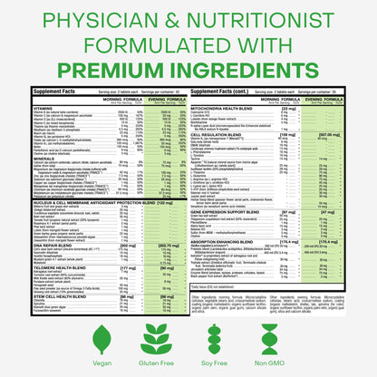 HealhtyCell AM/PM Healthspan System - 90+ Vitamins, Minerals, Protective Phytonutrients, Probiotics & Enzymes for Advanced Cellular Nutrition - 60 AM Tablets & 60 PM Tablets