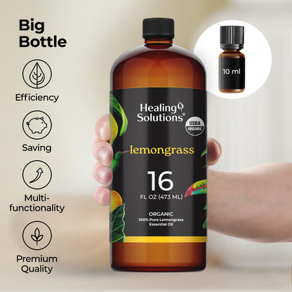 Healing Solutions Organic Lemongrass Essential Oil - 16oz Bulk for Aromatherapy