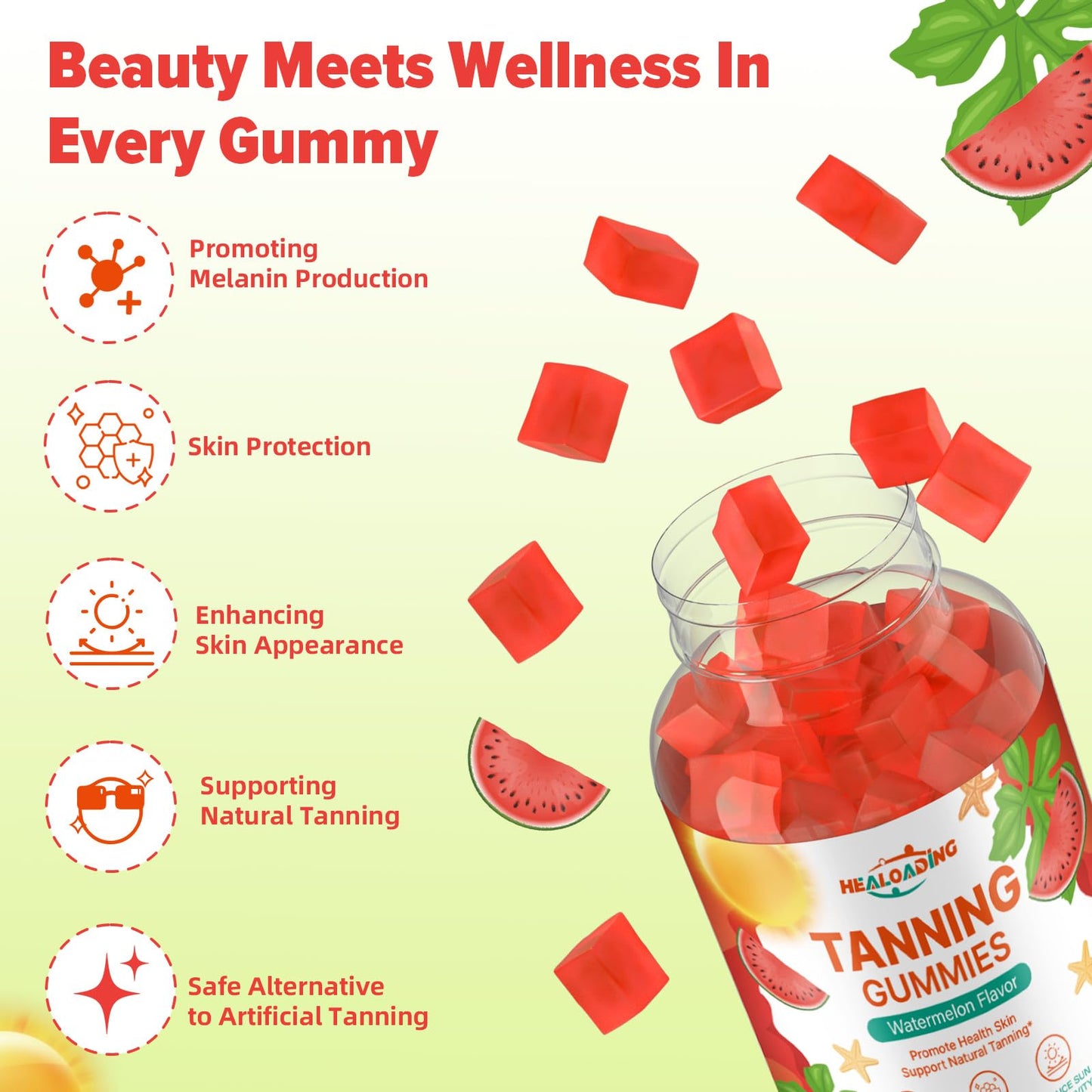 HEALOADING Tanning Gummies - Bronzing Supplement with Astaxanthin, Lycopene & Beta Carotene | Vegan & Non-GMO (30-Day)