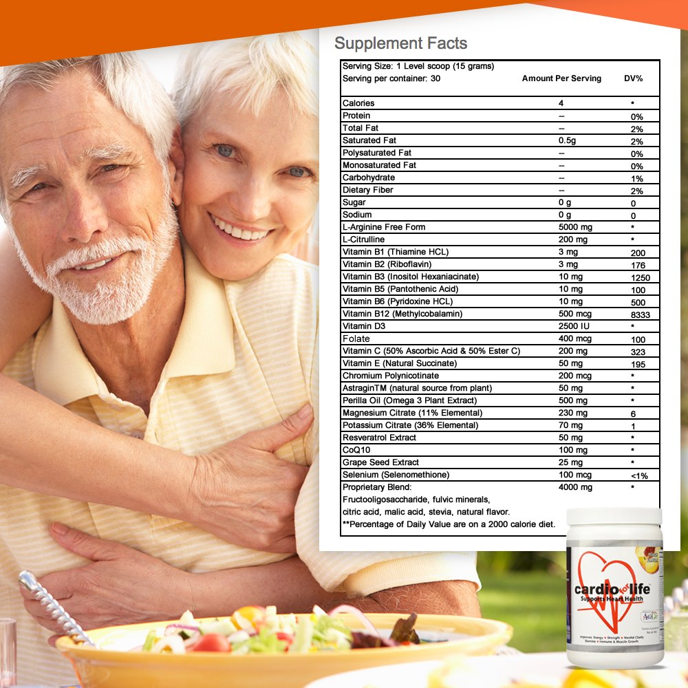 Health Guardian Cardio for Life L-Arginine Powder 16oz – Natural Nitric Oxide & Energy – Peach