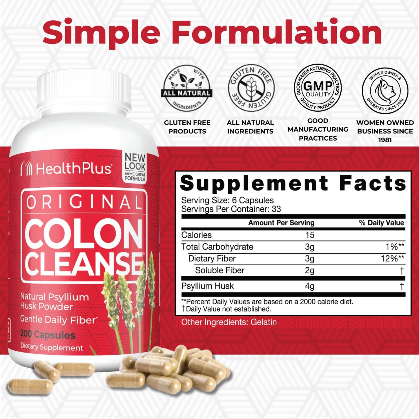 Health Plus Colon Cleanse Digestive Support | All Natural Daily Fiber for Toxin Elimination | Reduce Bloating | Supports Heart Health | 200 Capsules