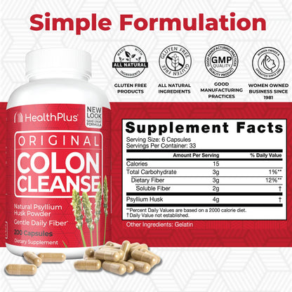 Health Plus Colon Cleanse Digestive Support | All Natural Daily Fiber for Toxin Elimination | Reduce Bloating | Supports Heart Health | 200 Capsules