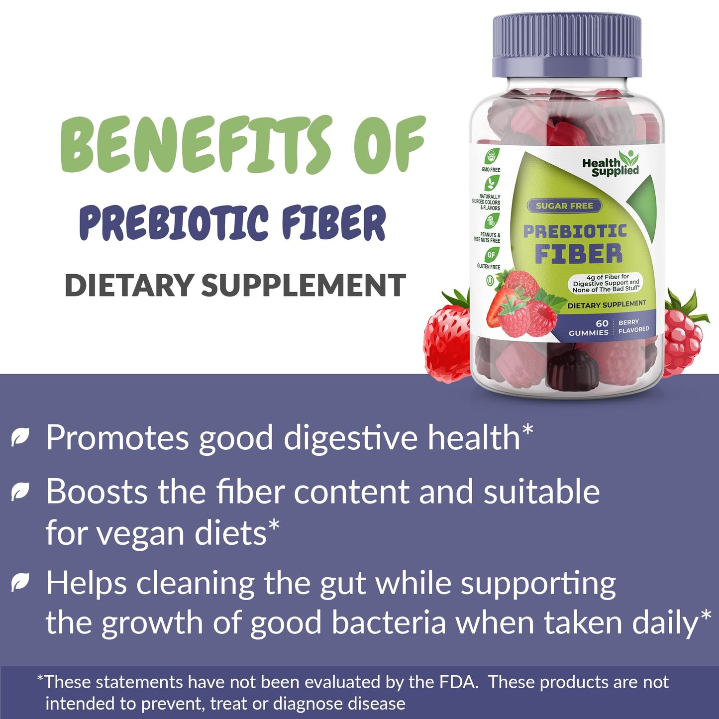 Health Supplied Mixed Berry Prebiotic Fiber Gummies – Digestive Support, Constipation Relief, Easy to Swallow