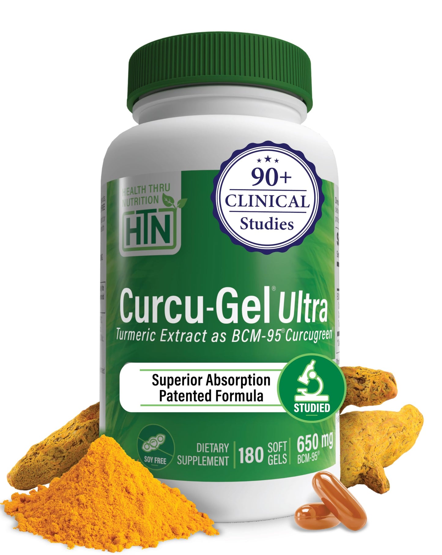 Health Thru Nutrition Curcu-Gel 650mg BCM-95 CurcuGreen Turmeric Curcumin – High Absorption, Non-GMO, 180 Count