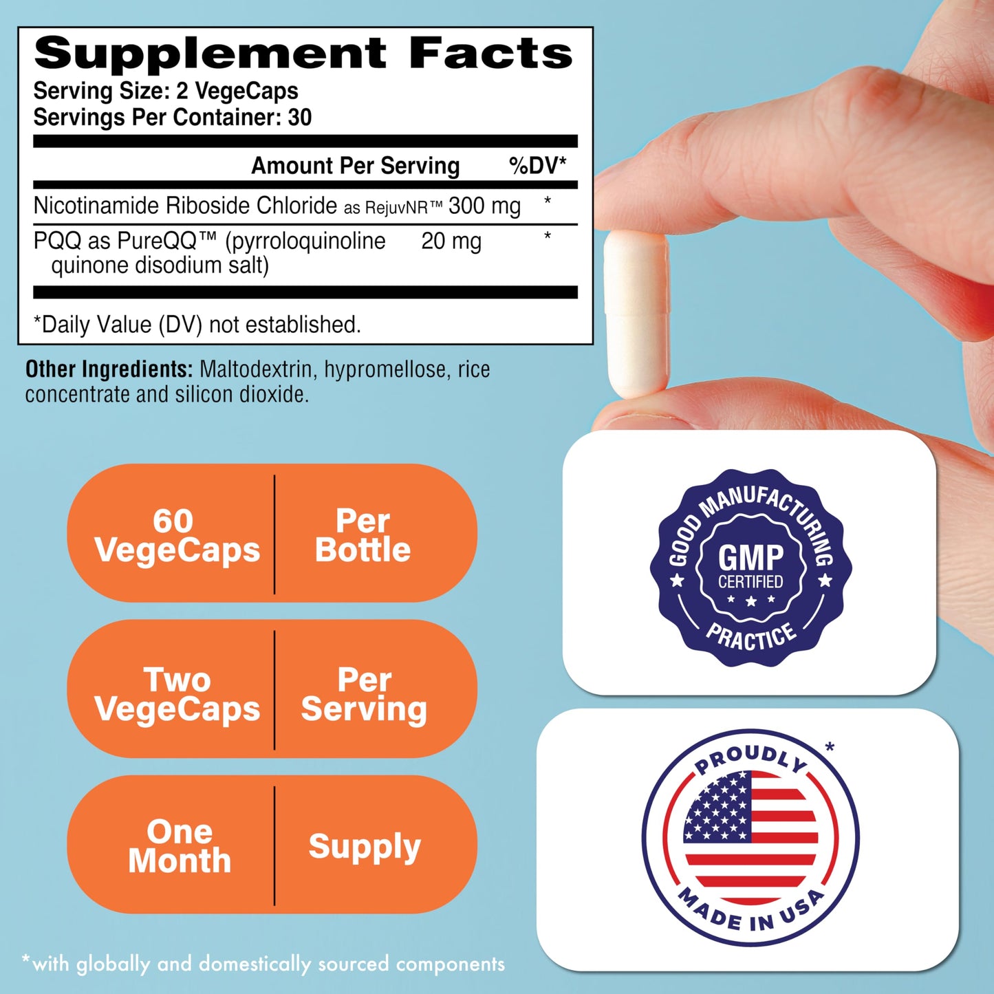 NAD+ Activator NR + PQQ - 300mg NR, 20mg PQQ | Pack of 60 | Non-GMO