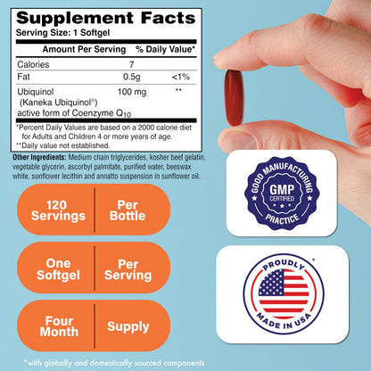 Health Thru Nutrition Ubiquinol 100mg - Kaneka QH, 120 Softgels, 3rd-Party Tested, Enhanced Bioavailability, Non-GMO