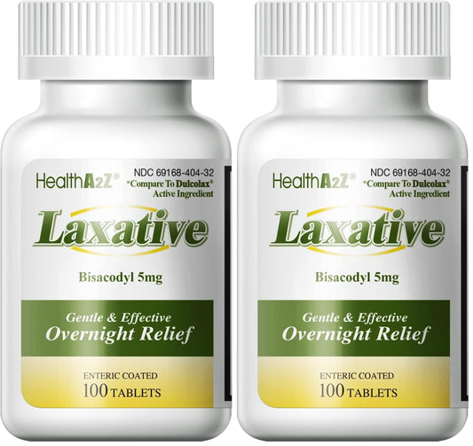 HealthA2Z Laxative Bisacodyl 5mg – 100 Count Bottles, Pack of 2 | Gentle Overnight Relief