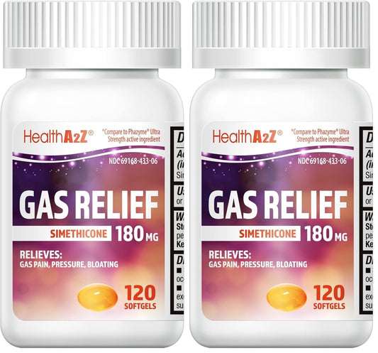 HealthA2Z Gas Relief Simethicone 180 mg | Fast Gas Relief | 120 Count Pack of 2