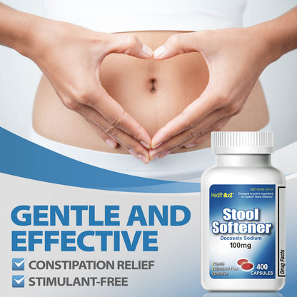 HealthA2Z Stool Softener | Docusate Sodium 100mg | Gentle Relief | Red Capsules | 400 Count