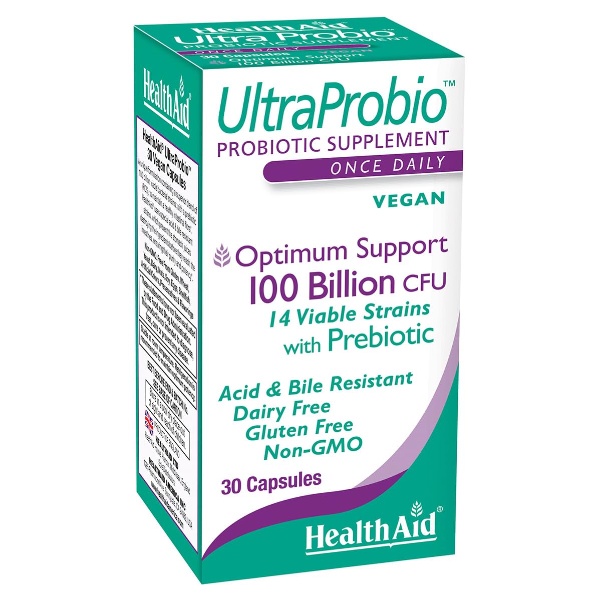 HealthAid UltraProbio 100 Billion Probiotic – 30 Count, Once Daily, Acid & Bile Resistant, Non-GMO