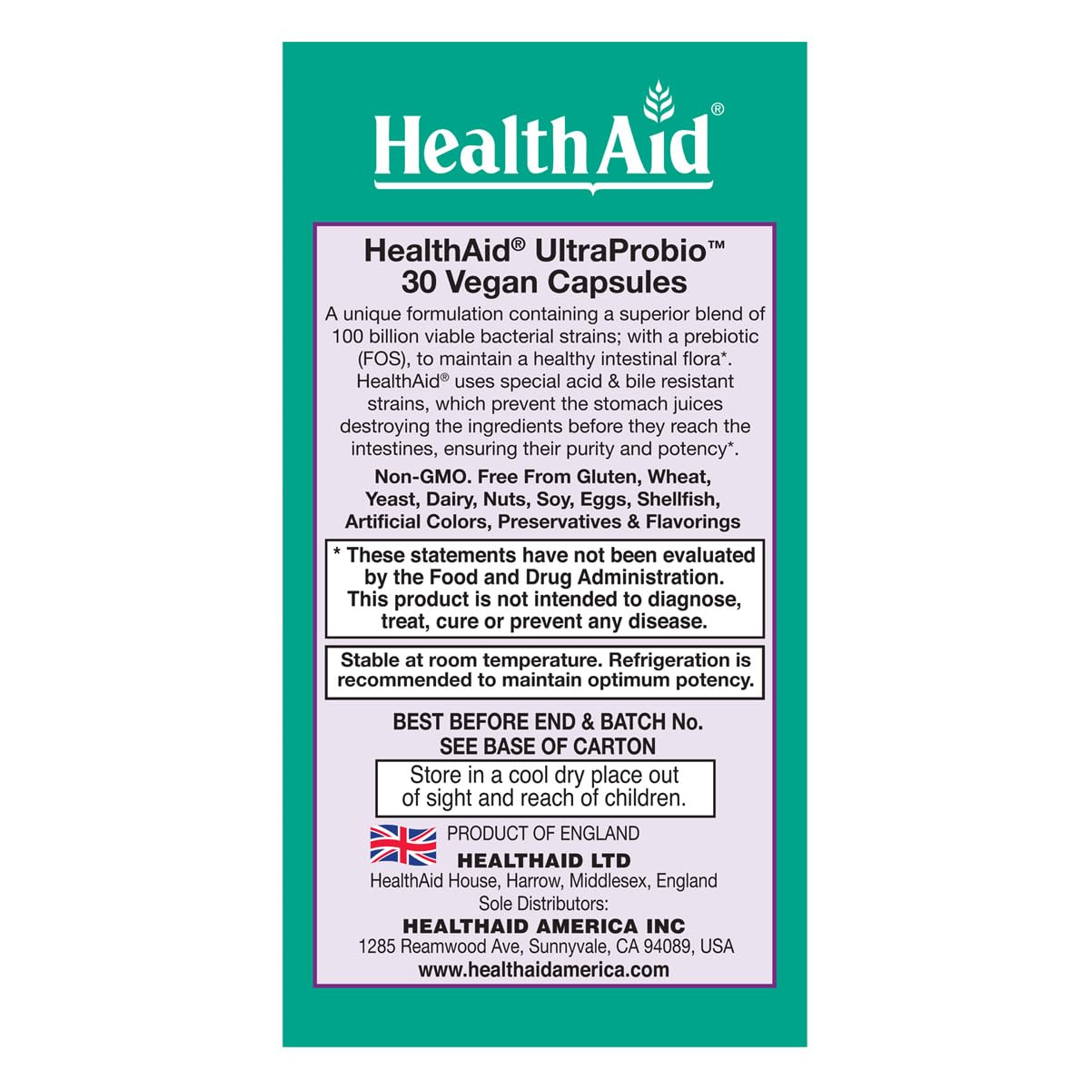 HealthAid UltraProbio 100 Billion Probiotic – 30 Count, Once Daily, Acid & Bile Resistant, Non-GMO
