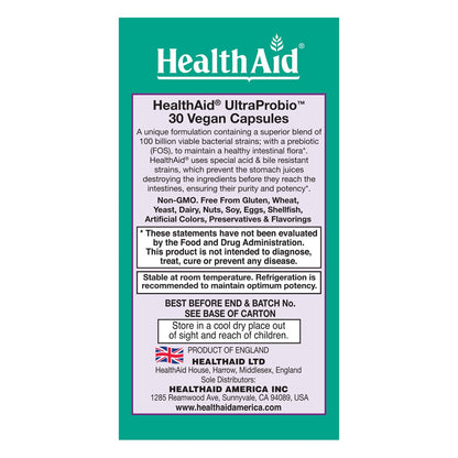 HealthAid UltraProbio 100 Billion Probiotic – 30 Count, Once Daily, Acid & Bile Resistant, Non-GMO
