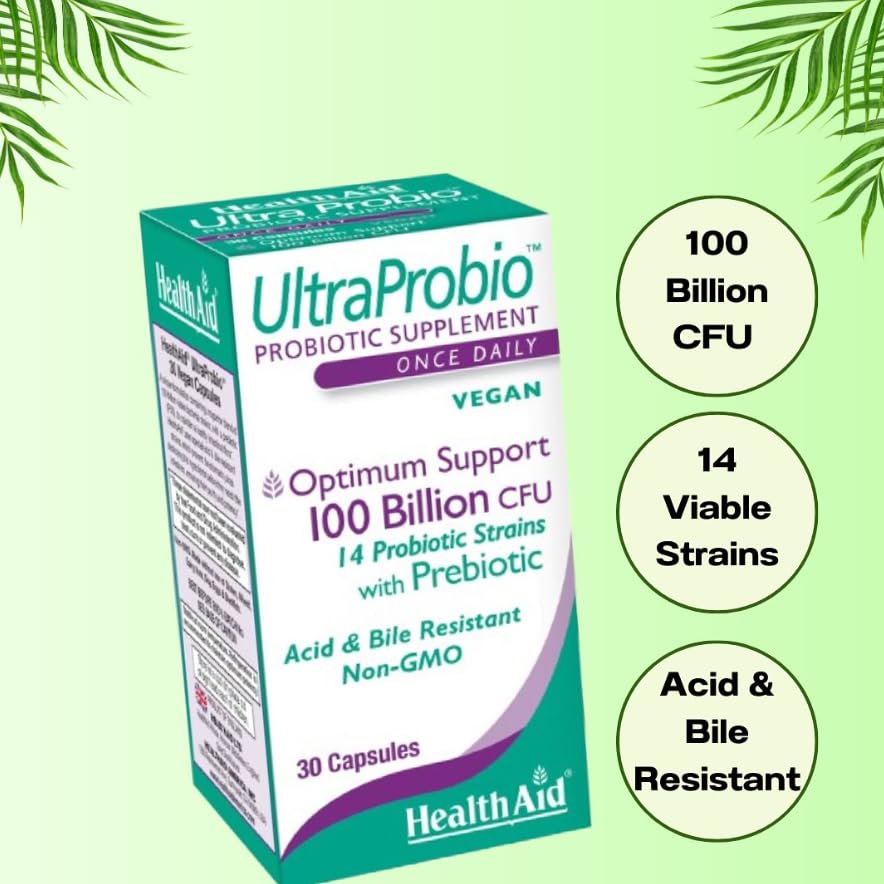 HealthAid UltraProbio 100 Billion Probiotic – 30 Count, Once Daily, Acid & Bile Resistant, Non-GMO