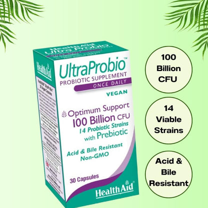 HealthAid UltraProbio 100 Billion Probiotic – 30 Count, Once Daily, Acid & Bile Resistant, Non-GMO