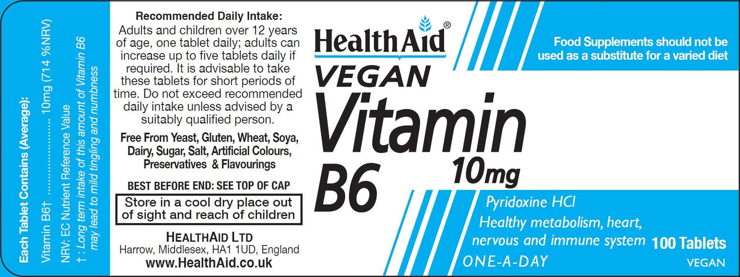 Health Aid Vitamin B6 (Pyridoxine HCl) 10mg – 100 Tablets