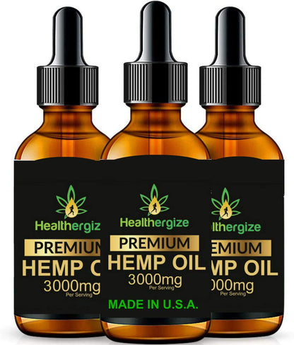 Healthergize Hemp Oil Premium, Non-GMO, Unrefined with Full Flavor and Natural Benefits, for Calm, Sleep, Discomfort - Product of The USA