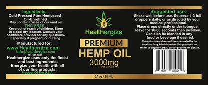 Healthergize Hemp Oil Premium, Non-GMO, Unrefined with Full Flavor and Natural Benefits, for Calm, Sleep, Discomfort - Product of The USA