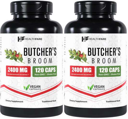 Healthfare Butcher’s Broom Capsules 2400mg – 120 Veg Capsules | Non-GMO, Gluten-Free (Pack of 2)