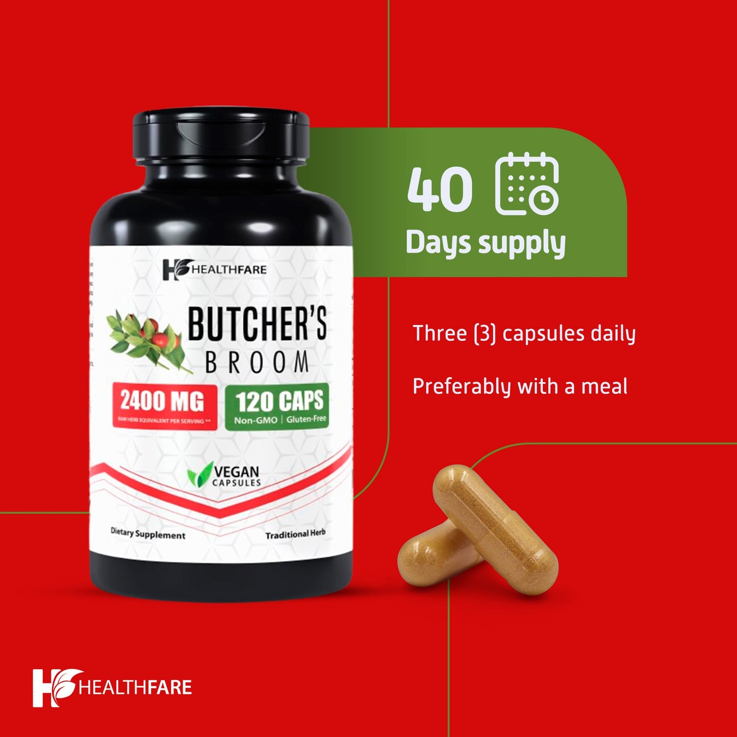 Healthfare Butcher’s Broom Capsules 2400mg – 120 Veg Capsules | Non-GMO, Gluten-Free (Pack of 2)