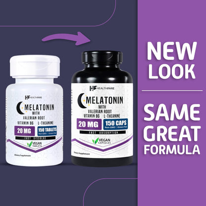 Healthfare Melatonin 20mg | 150 Veg Capsules | Complex with L-Theanine | Valerian Root & Vitamin B6 | Vegetarian Formula | Non-GMO | Gluten-Free | Made in The USA (Pack of 2)