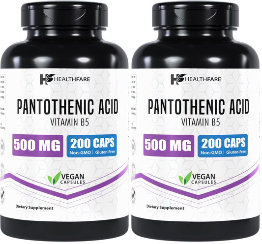 Healthfare Pantothenic Acid 500mg – 200 Veg Capsules | Energy & Skin Health | Non-GMO | Made in USA | Pack of 2
