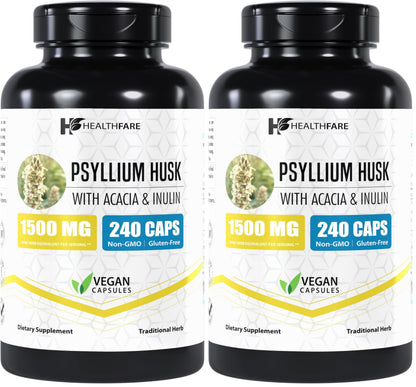 Healthfare Psyllium Husk Capsules 1500mg – 240 Veg Caps – Gluten-Free & Non-GMO Pack of 2