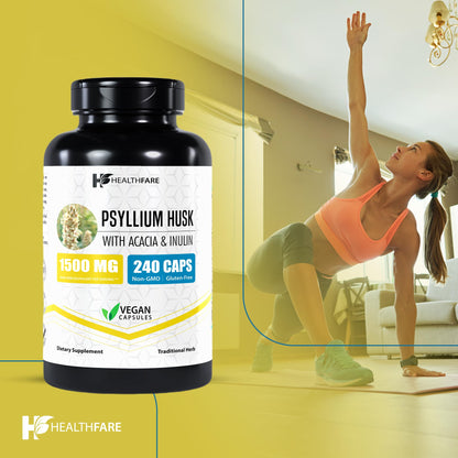 Healthfare Psyllium Husk Capsules 1500mg – 240 Veg Caps – Gluten-Free & Non-GMO Pack of 2