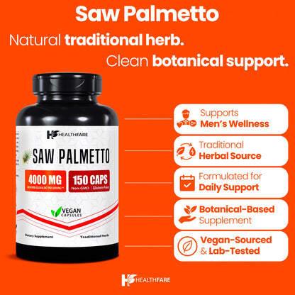 Healthfare Saw Palmetto Extract Capsules 4000mg | 150 Capsules | Hair Growth for Men & Women | Non-GMO & Gluten-Free | Made in USA (Pack of 2)