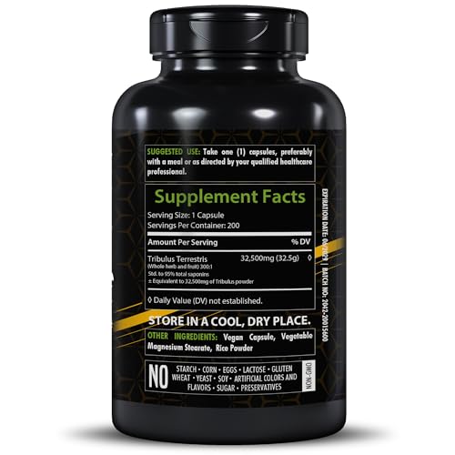 HealthFare Tribulus Terrestris for Men & Women | 32,500mg Ultra Potency Extract | 95% Saponins | 200 Capsules | Natural Strength, Energy & Stamina | Non-GMO, Gluten-Free, Made in USA