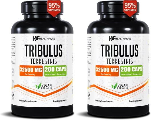 Healthfare Tribulus Terrestris for Men & Women | 32,500mg Ultra Potency Extract | 95% Saponins | 200 Capsules | Natural Strength, Energy & Stamina | Non-GMO, Gluten-Free, Made in USA (Pack of 2)