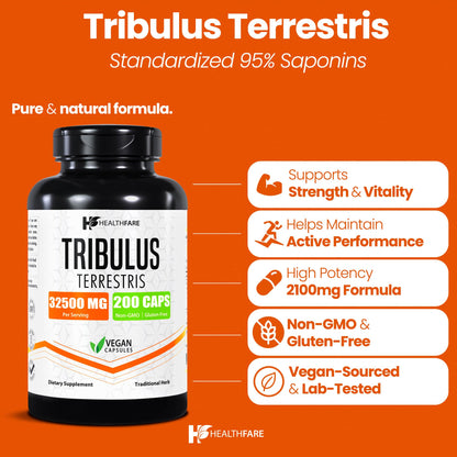 Healthfare Tribulus Terrestris for Men & Women | 32,500mg Ultra Potency Extract | 95% Saponins | 200 Capsules | Natural Strength, Energy & Stamina | Non-GMO, Gluten-Free, Made in USA (Pack of 2)